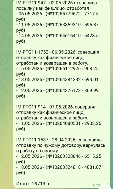 Разбор по клиентам с номерами накладных и суммами, итого 29 713 ₽